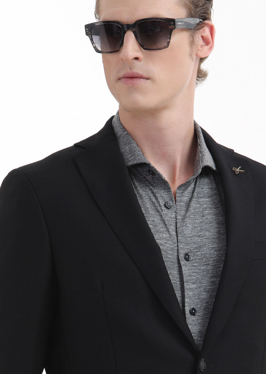 Siyah Düz Zeroweight Slim Fit %100 Yün Ceket - 3