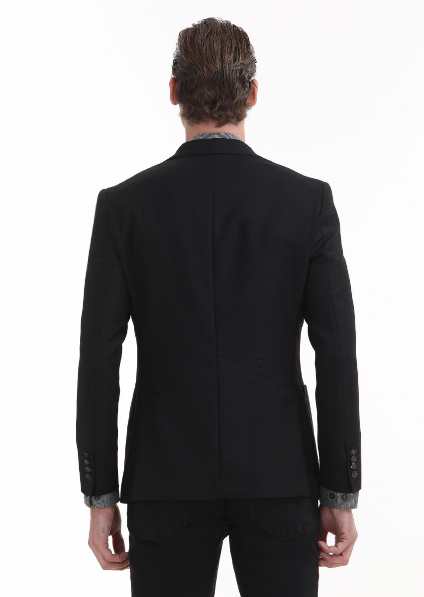 Siyah Düz Zeroweight Slim Fit %100 Yün Ceket - 5