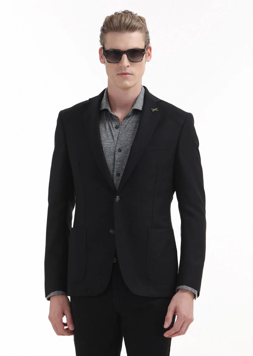 Siyah Düz Zeroweight Slim Fit %100 Yün Ceket - 1