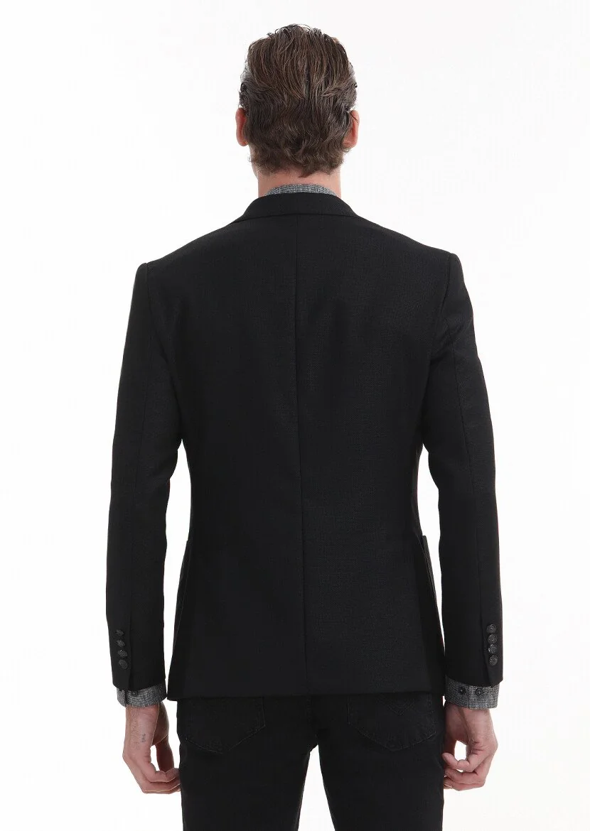 Siyah Düz Zeroweight Slim Fit %100 Yün Ceket - 5