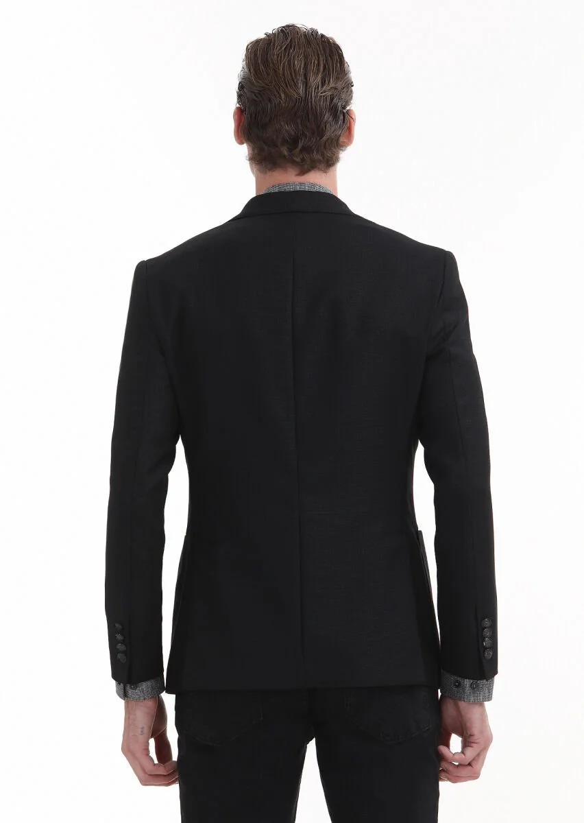 Siyah Düz Zeroweight Slim Fit %100 Yün Ceket - 5