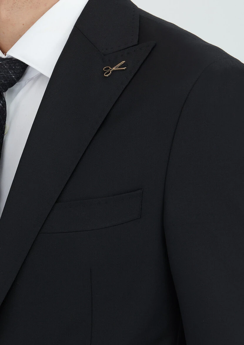 Siyah Düz Zeroweight Slim Fit %100 Yün Takım Elbise - 3