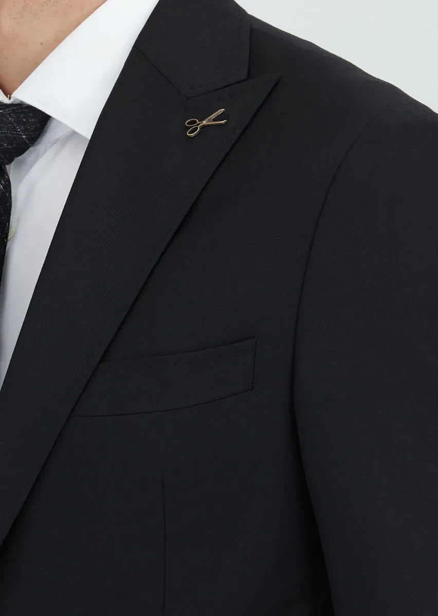 Siyah Düz Zeroweight Slim Fit %100 Yün Takım Elbise - 3