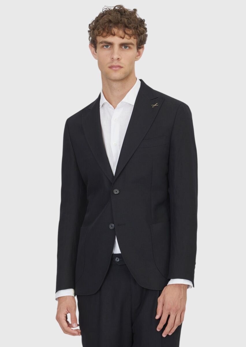 Siyah Düz Zeroweight Slim Fit Keten Karışımlı Takım Elbise - 1