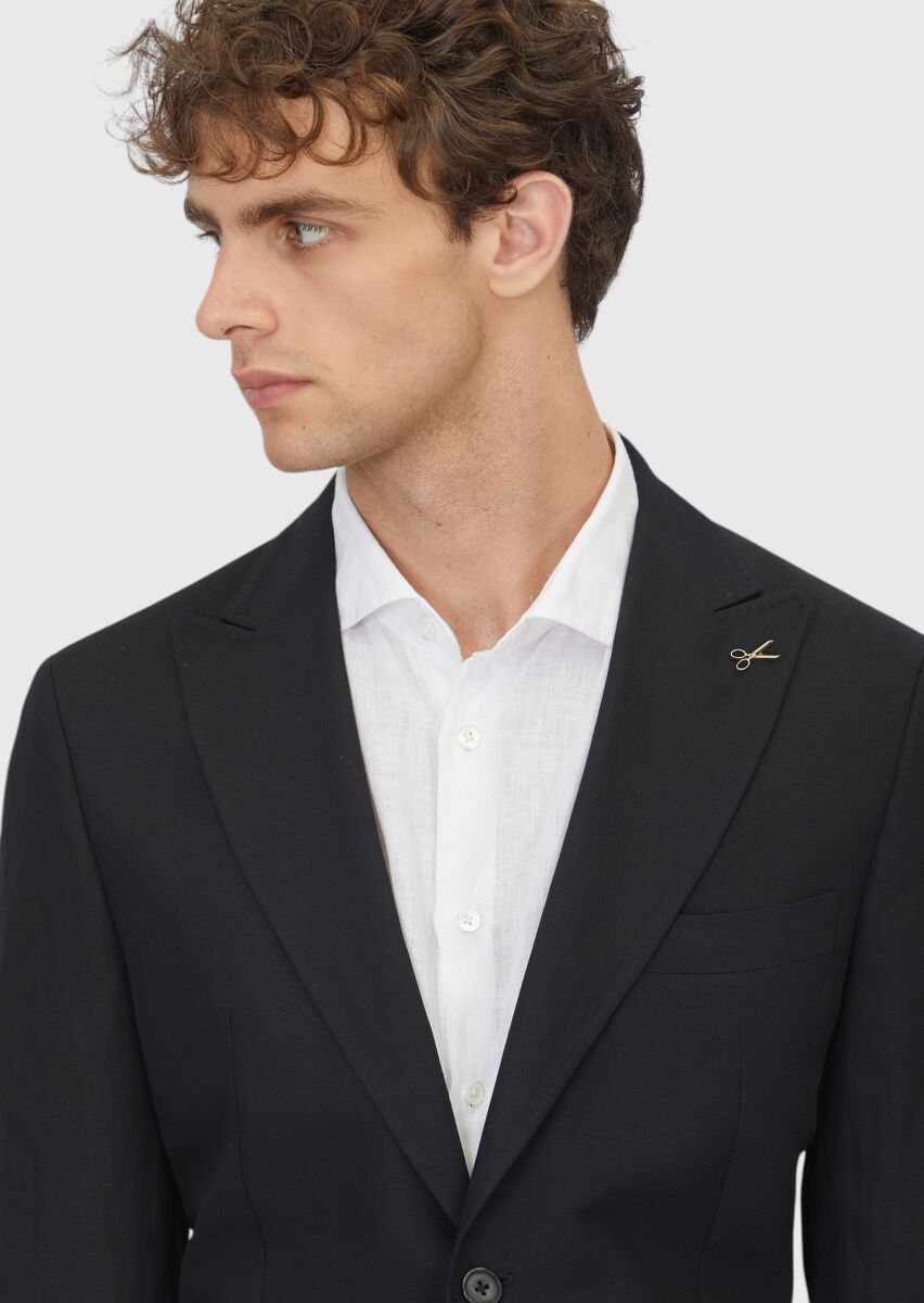 Siyah Düz Zeroweight Slim Fit Keten Karışımlı Takım Elbise - 3