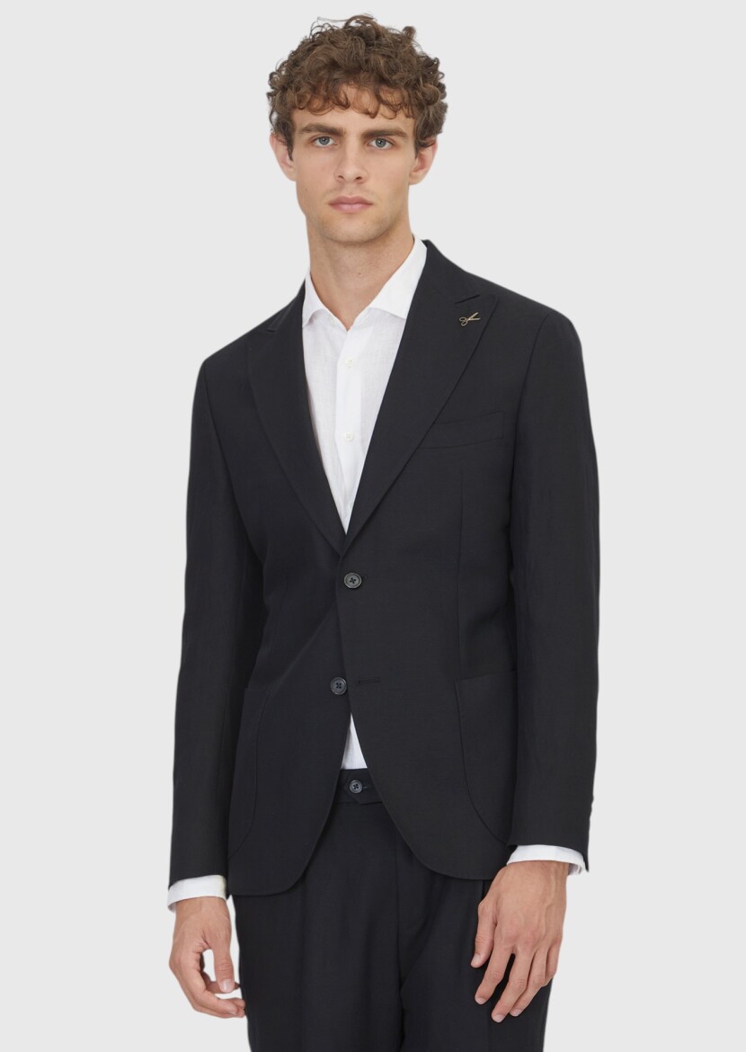 Siyah Düz Zeroweight Slim Fit Keten Karışımlı Takım Elbise - RAMSEY
