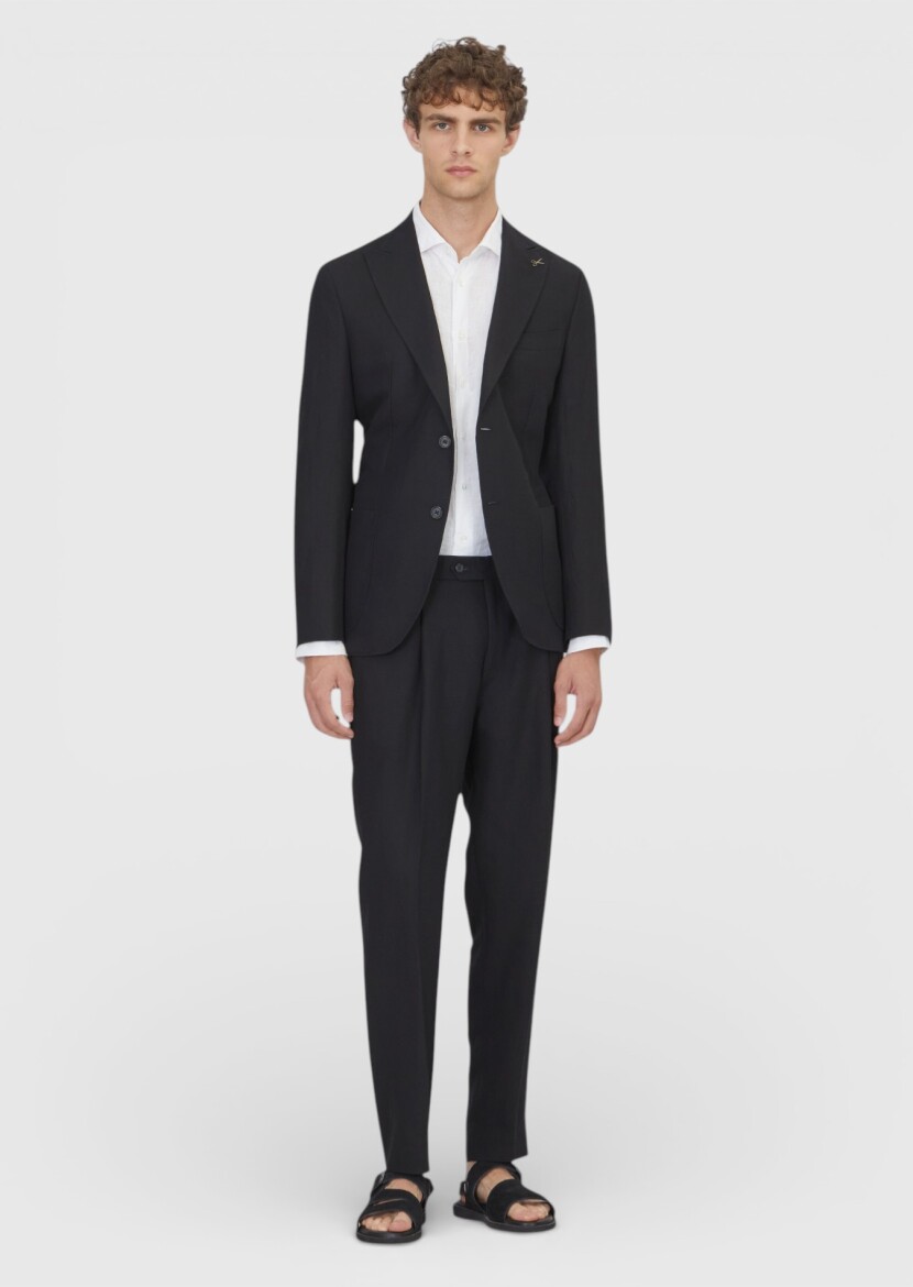 Siyah Düz Zeroweight Slim Fit Keten Karışımlı Takım Elbise - RAMSEY
