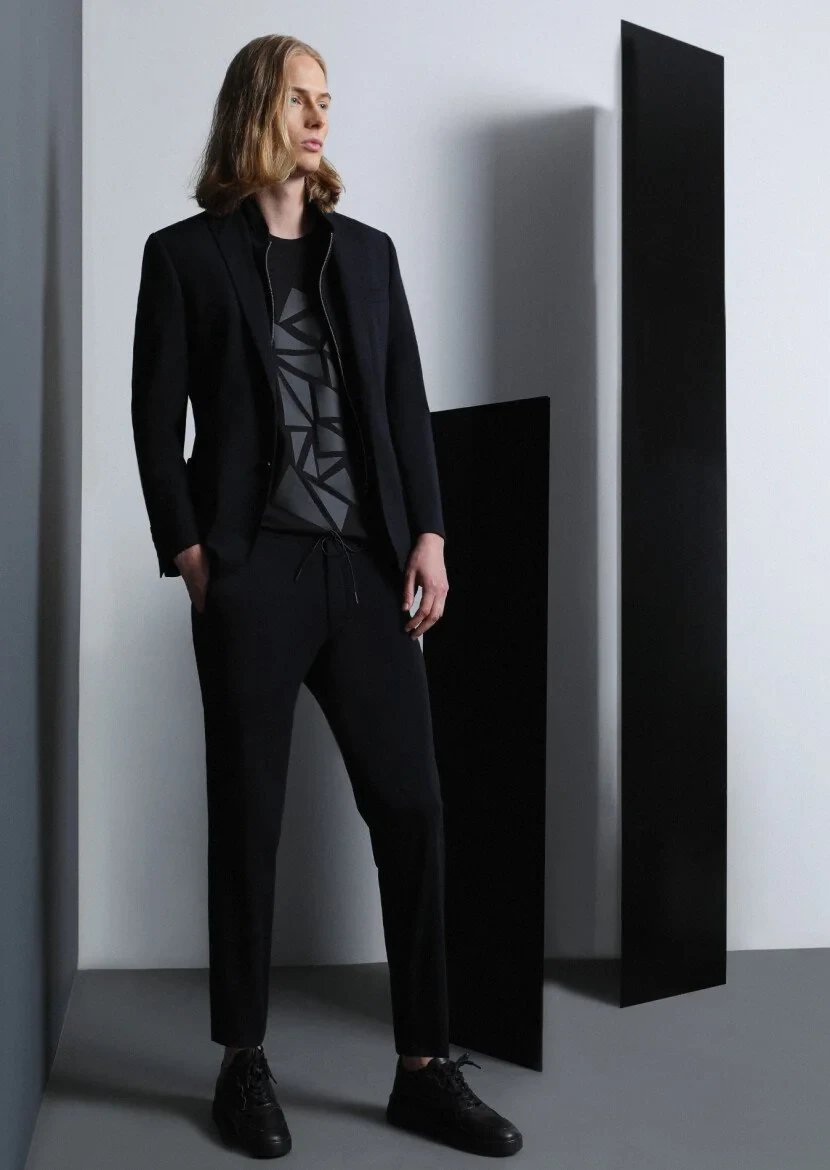 Siyah Düz Zeroweight Slim Fit Örme Takım Elbise - 1