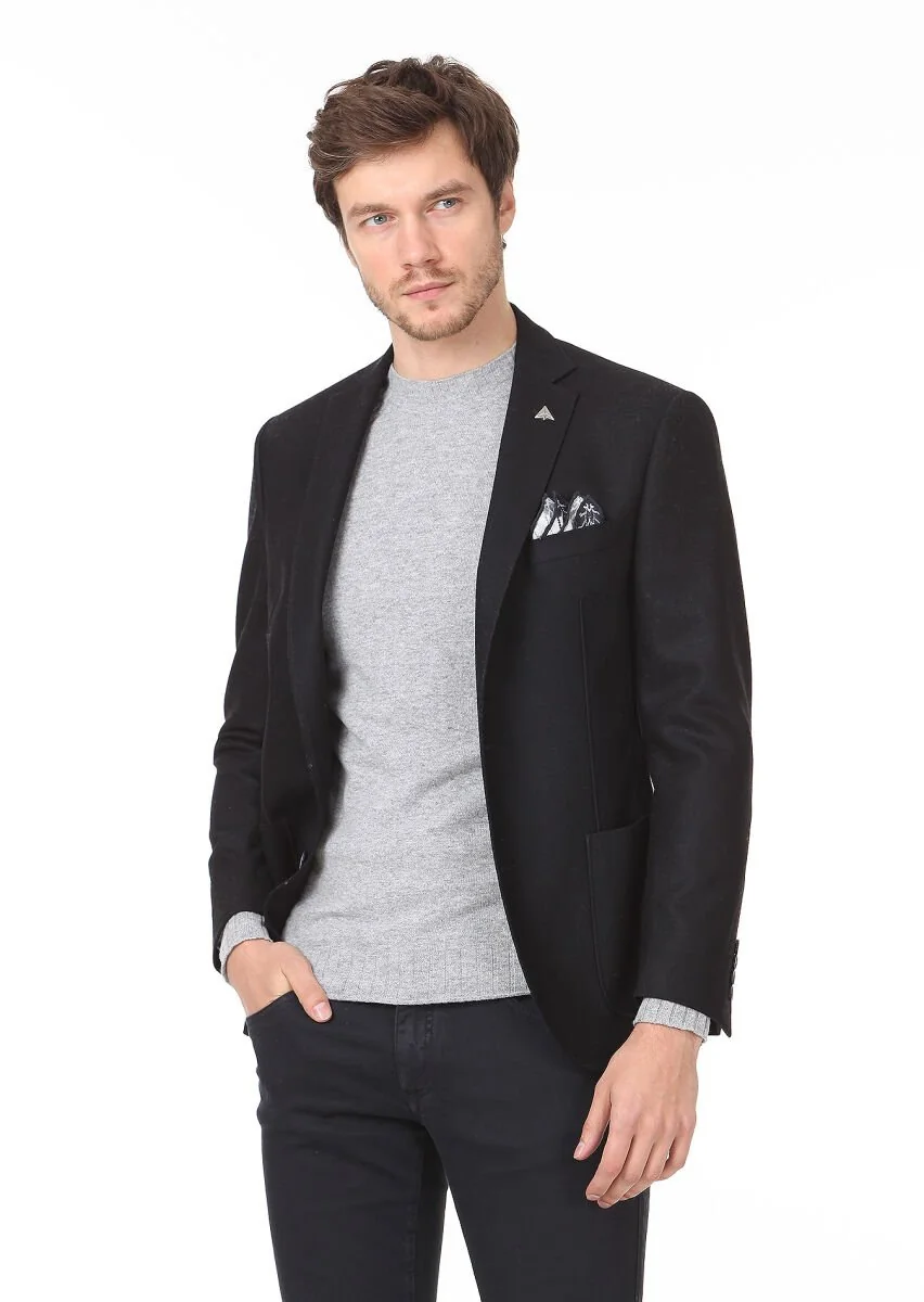 Siyah Düz Zeroweight Slim Fit Yün Karışımlı Ceket - 1