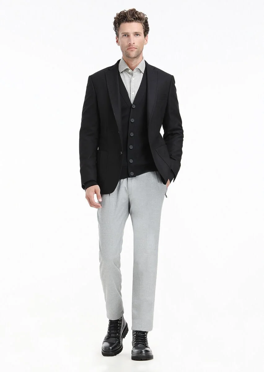 Siyah Düz Zeroweight Slim Fit Yün Karışımlı Ceket - 1