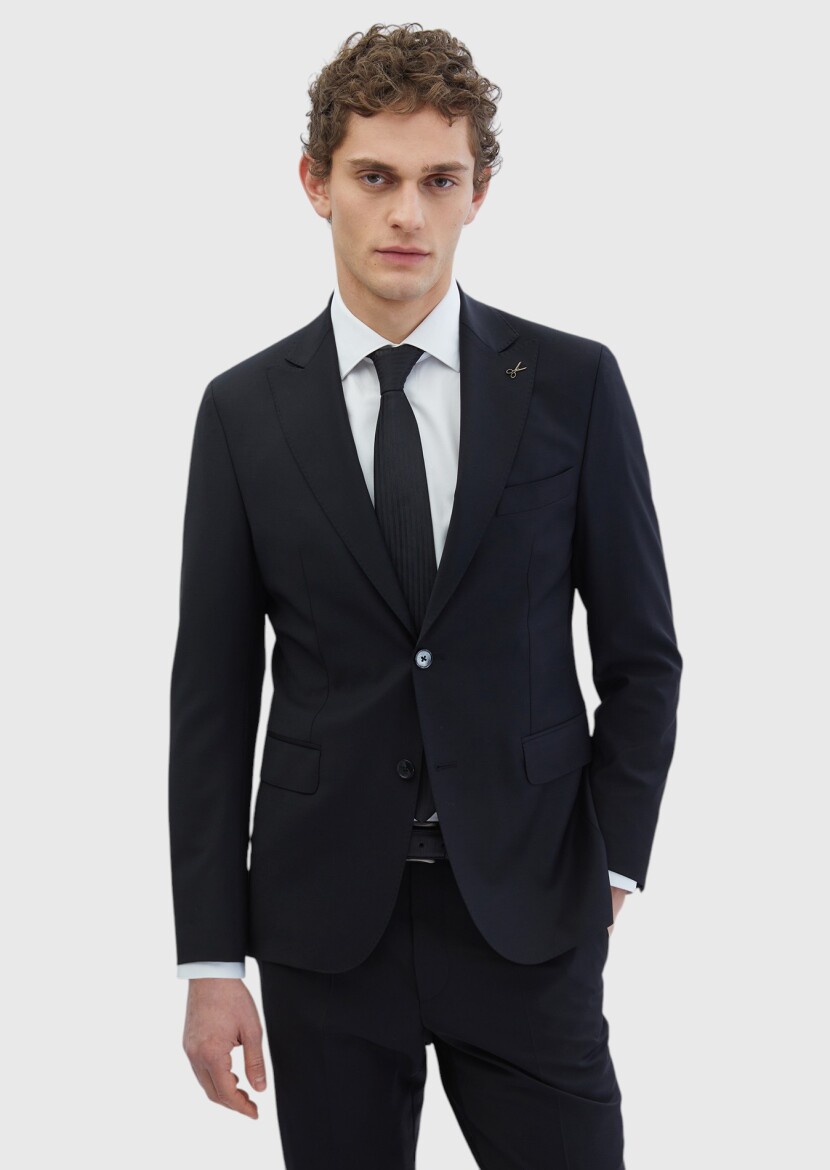 Siyah Düz Zeroweight Slim Fit Yün Karışımlı Takım Elbise - RAMSEY