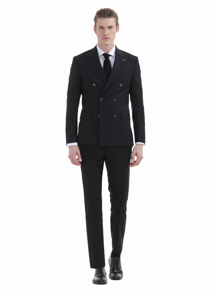 Siyah Düz Zeroweight Slim Fit Yün Karışımlı Takım Elbise - 1
