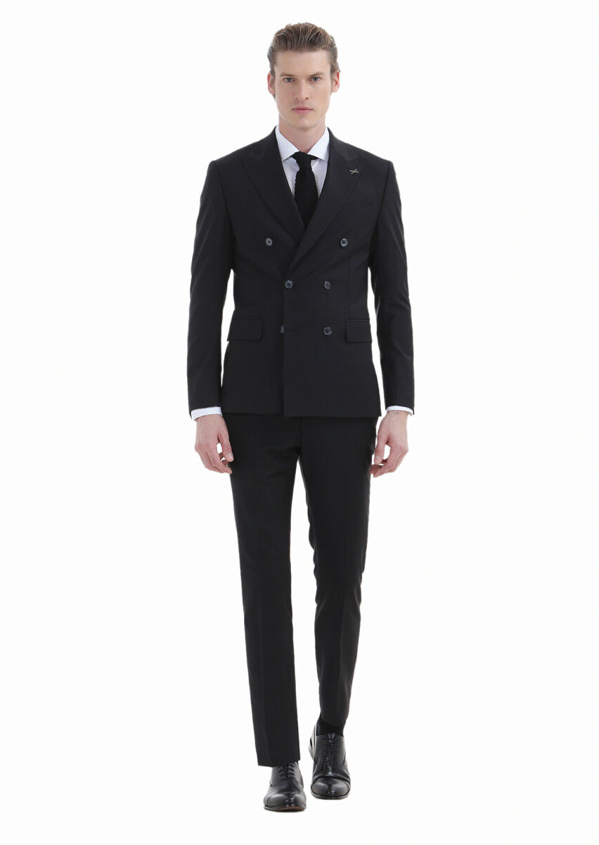 Siyah Düz Zeroweight Slim Fit Yün Karışımlı Takım Elbise - 1