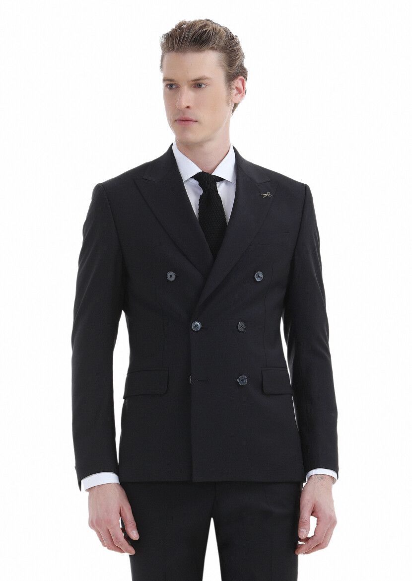 Siyah Düz Zeroweight Slim Fit Yün Karışımlı Takım Elbise - 2