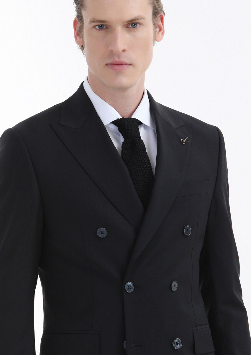 Siyah Düz Zeroweight Slim Fit Yün Karışımlı Takım Elbise - 3
