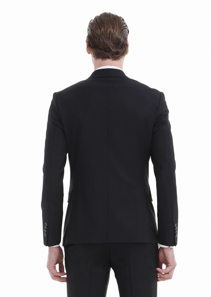 Siyah Düz Zeroweight Slim Fit Yün Karışımlı Takım Elbise - 5
