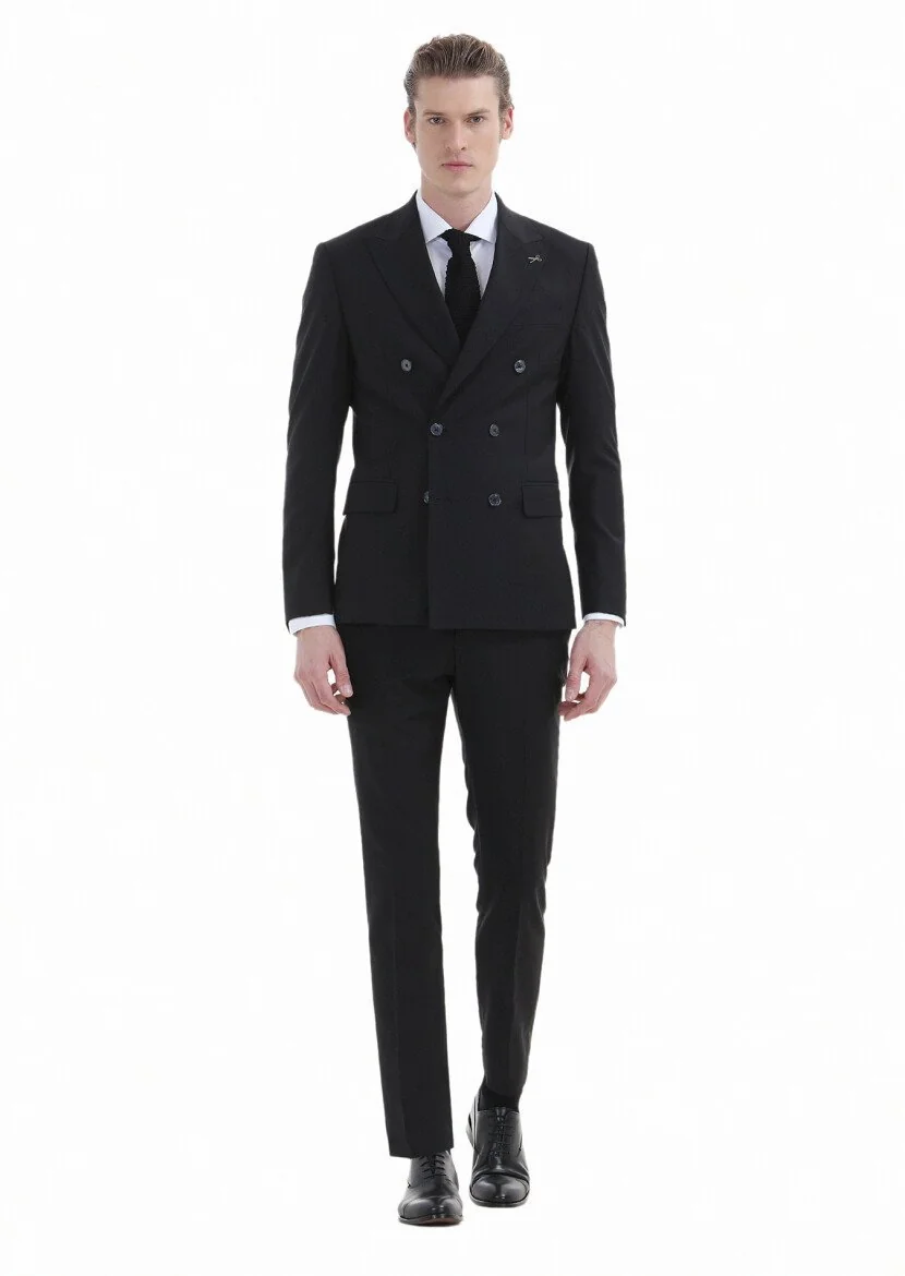 Siyah Düz Zeroweight Slim Fit Yün Karışımlı Takım Elbise - 1