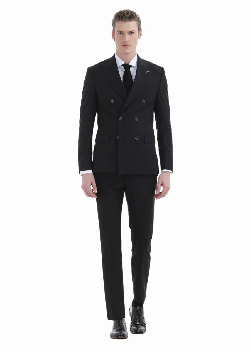 Siyah Düz Zeroweight Slim Fit Yün Karışımlı Takım Elbise - 1