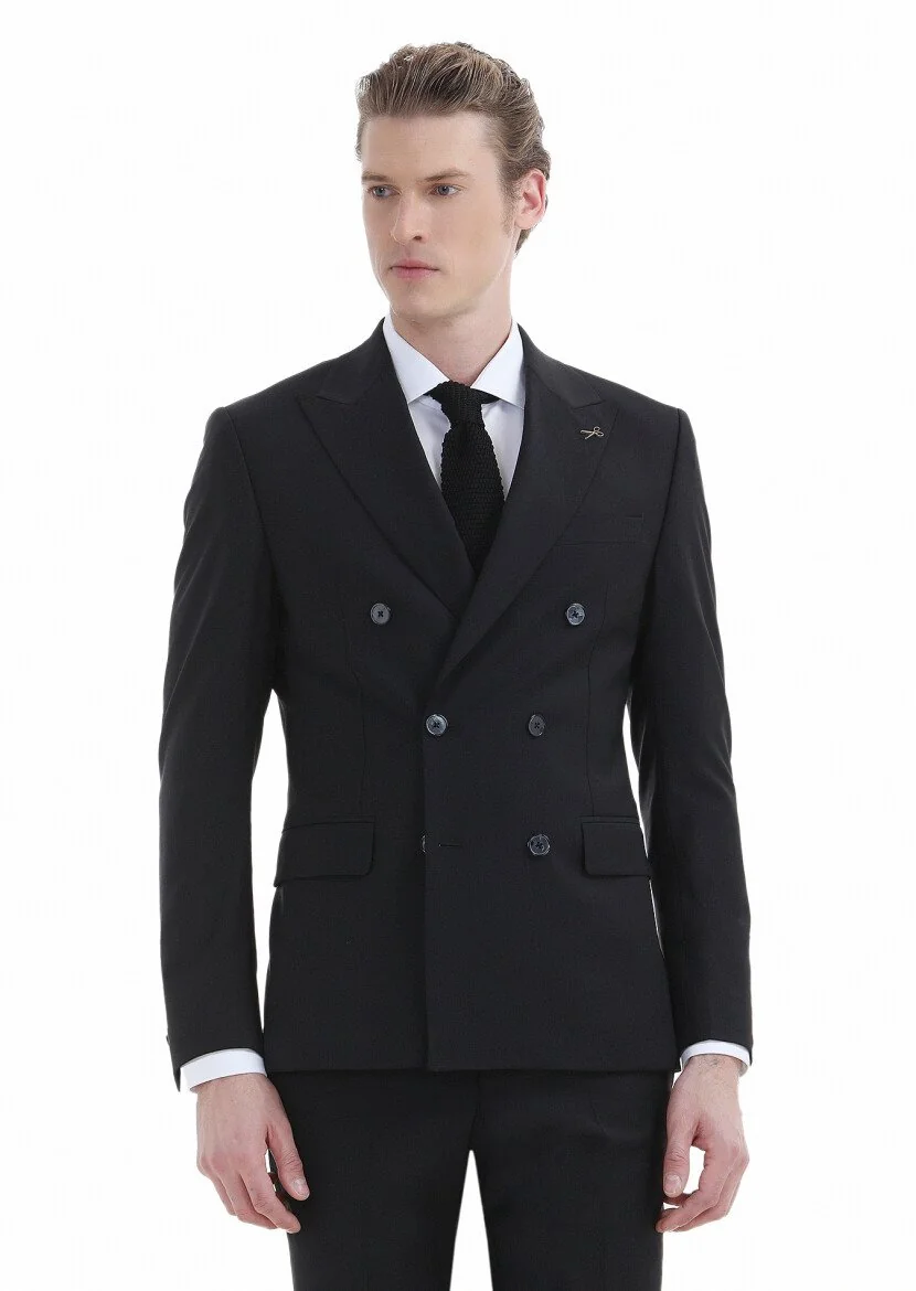 Siyah Düz Zeroweight Slim Fit Yün Karışımlı Takım Elbise - 2