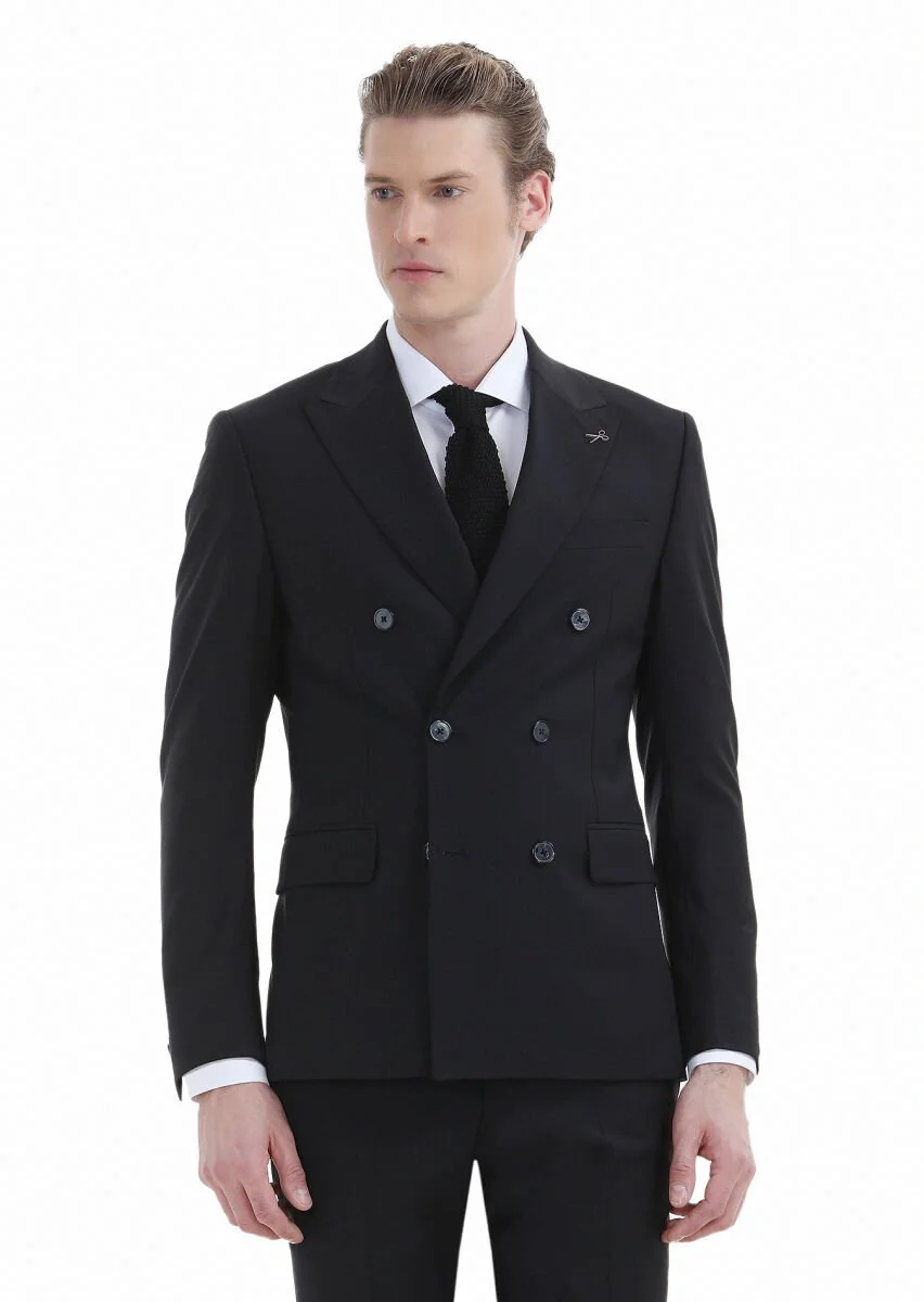 Siyah Düz Zeroweight Slim Fit Yün Karışımlı Takım Elbise - 2