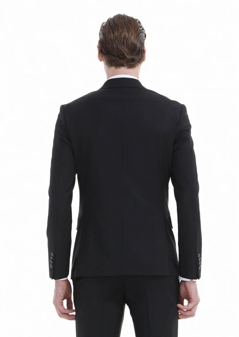 Siyah Düz Zeroweight Slim Fit Yün Karışımlı Takım Elbise - 5