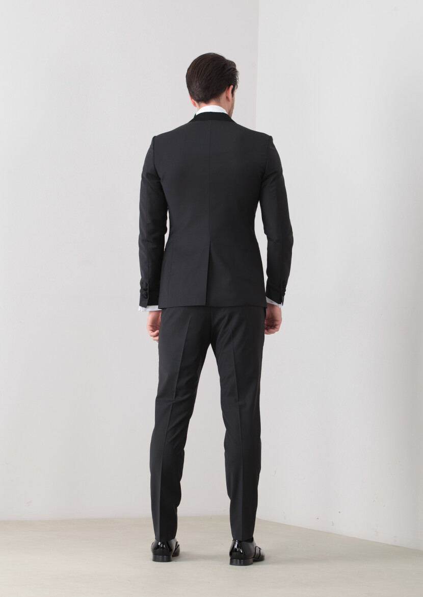 Siyah Fashion Slim Fit Kruvaze Yaka Dokuma Smokin Takım Elbise - 4