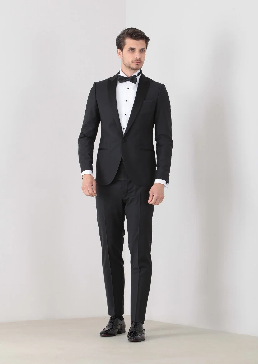 Siyah Fashion Slim Fit Kruvaze Yaka Dokuma Smokin Takım Elbise - 1