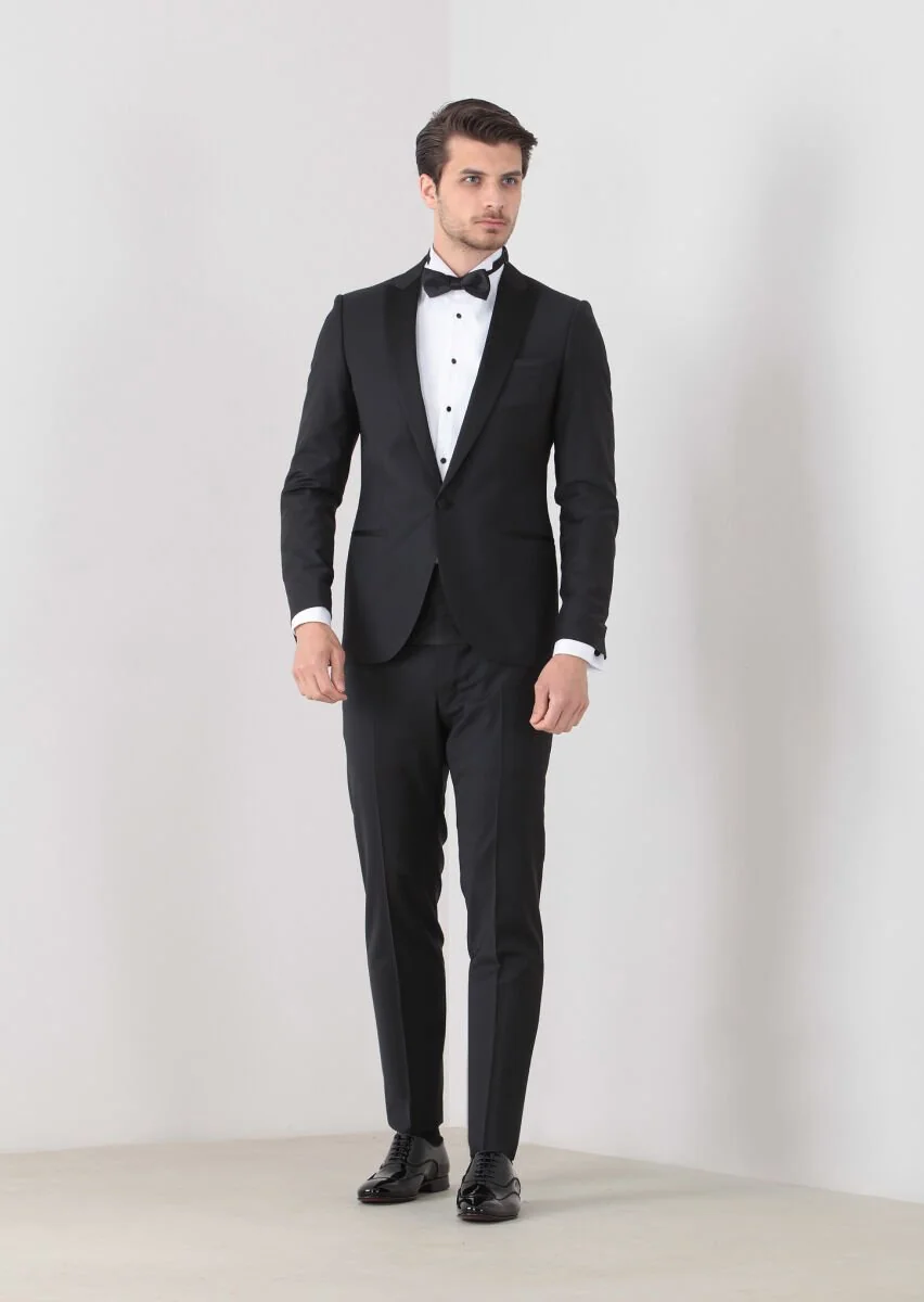 Siyah Fashion Slim Fit Kruvaze Yaka Dokuma Smokin Takım Elbise - 1