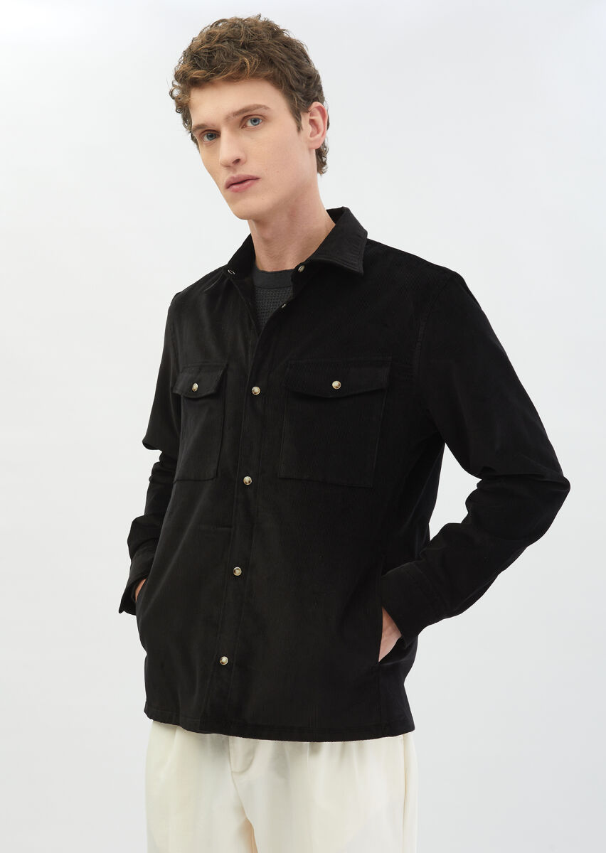 Siyah Fitilli Casual Fit Uzun Dokuma Kadife Pamuk Karışımlı Overshırt - 3