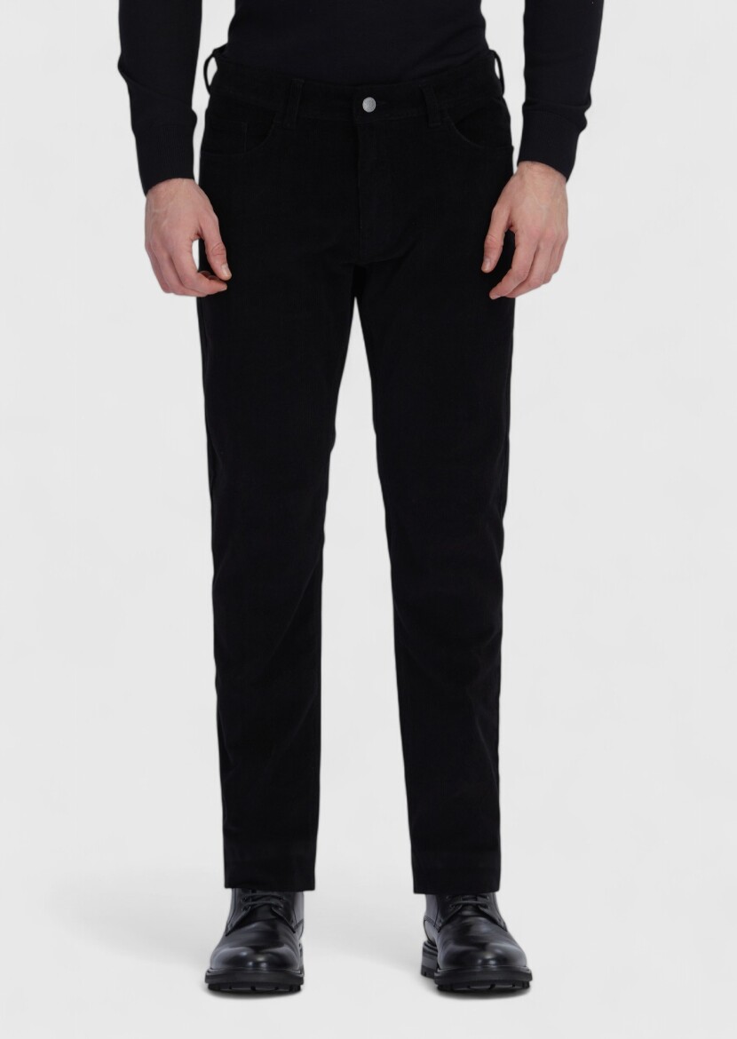 Siyah Fitilli Dokuma Slim Fit Kadife Casual Pamuk Karışımlı Pantolon 
