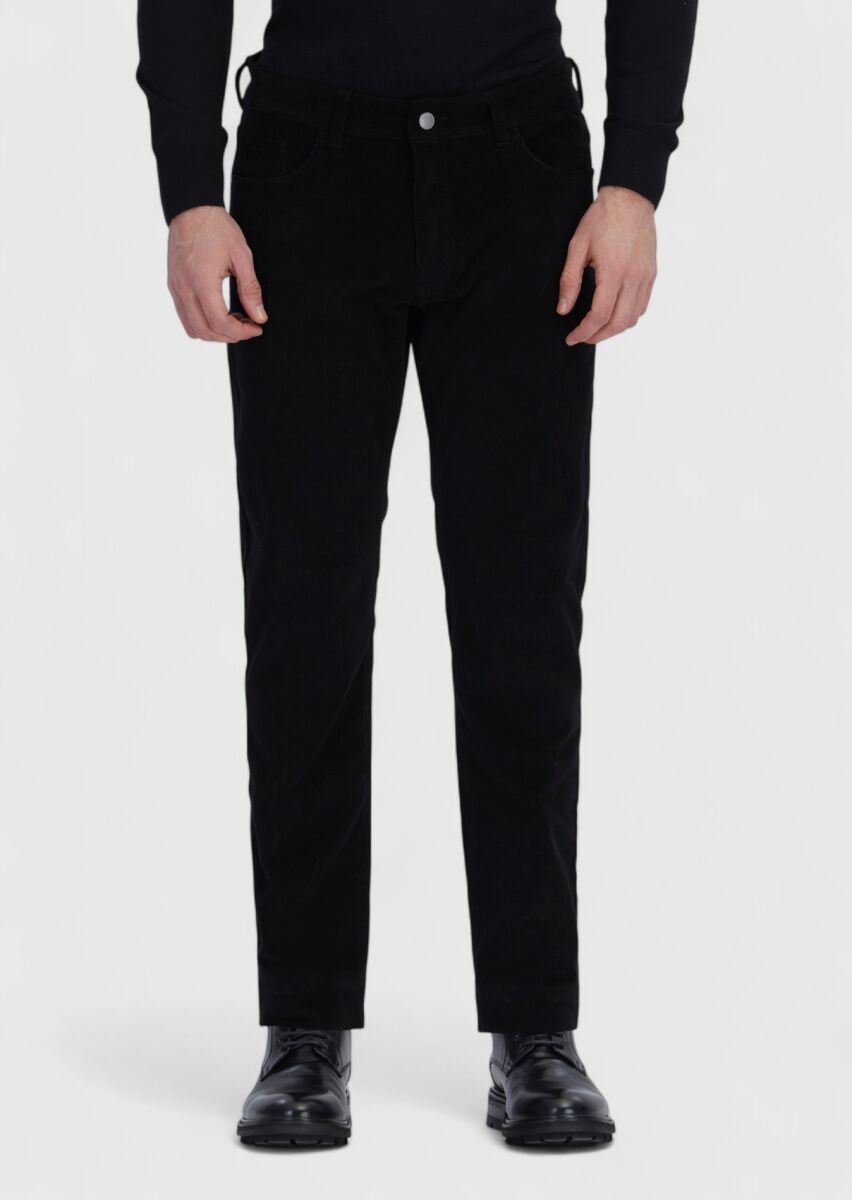 Siyah Fitilli Dokuma Slim Fit Kadife Casual Pamuk Karışımlı Pantolon - 2