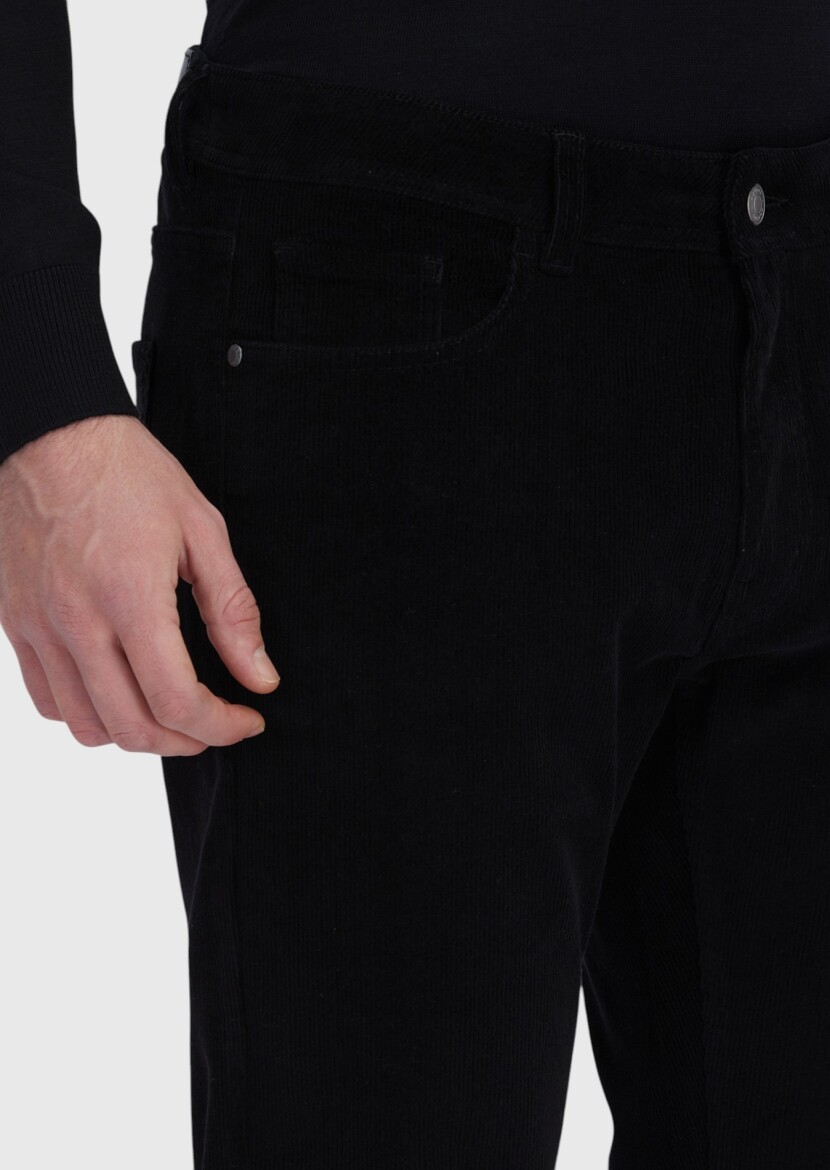 Siyah Fitilli Dokuma Slim Fit Kadife Casual Pamuk Karışımlı Pantolon - 3
