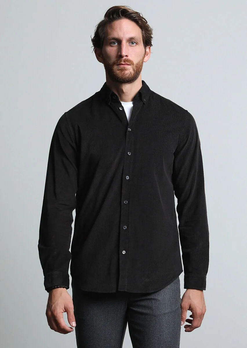 Siyah Fitilli Regular Fit Dokuma Kadife Casual %100 Pamuk Gömlek - 1