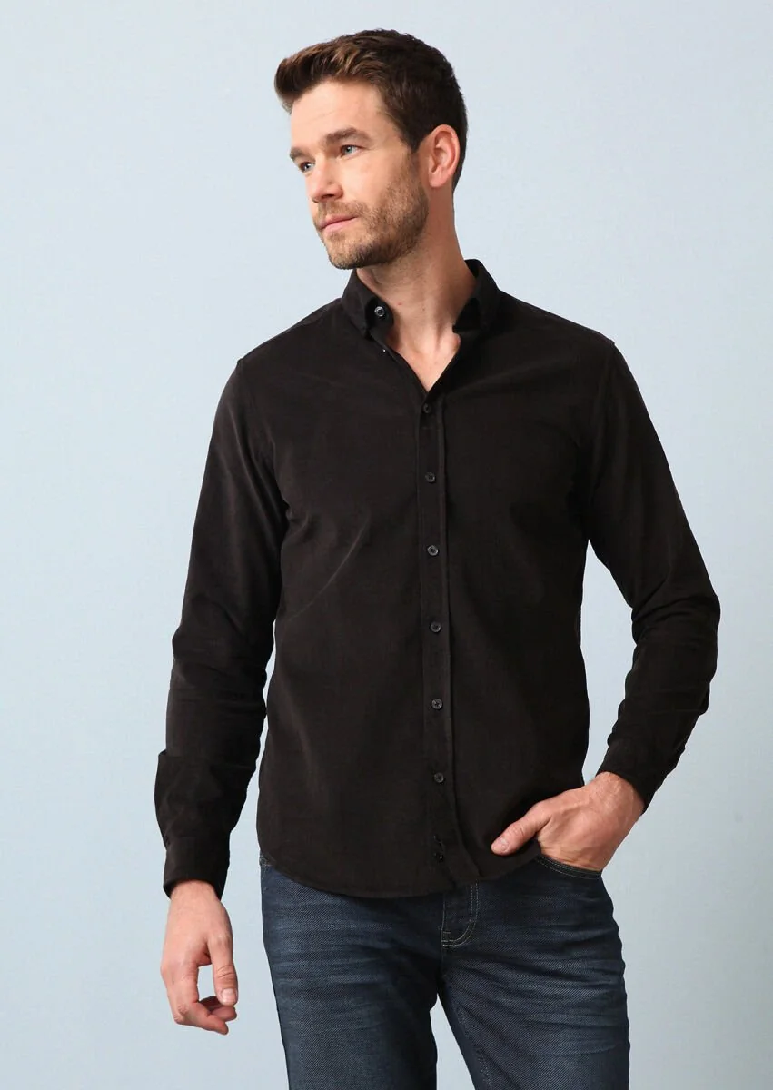 Siyah Fitilli Regular Fit Dokuma Kadife Casual %100 Pamuk Gömlek - 2