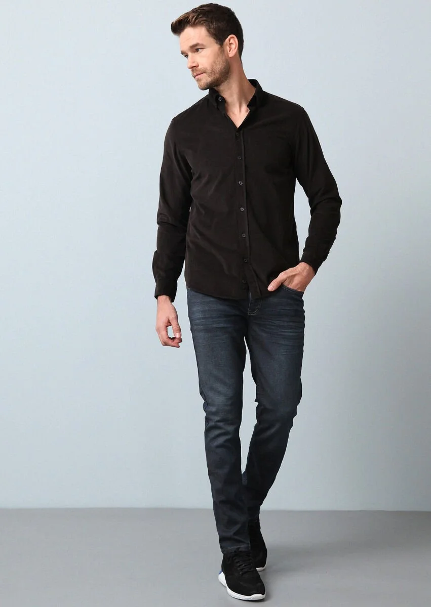 Siyah Fitilli Regular Fit Dokuma Kadife Casual %100 Pamuk Gömlek - 3