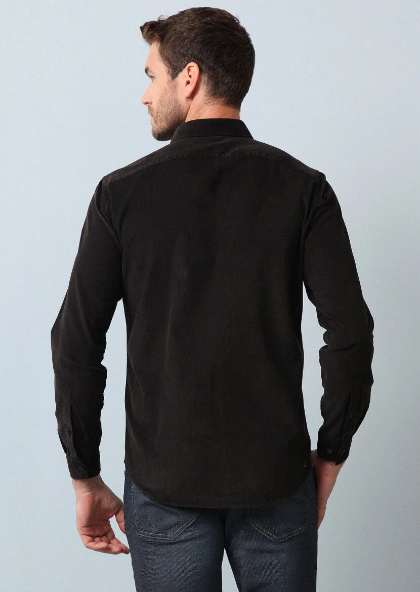 Siyah Fitilli Regular Fit Dokuma Kadife Casual %100 Pamuk Gömlek - 5