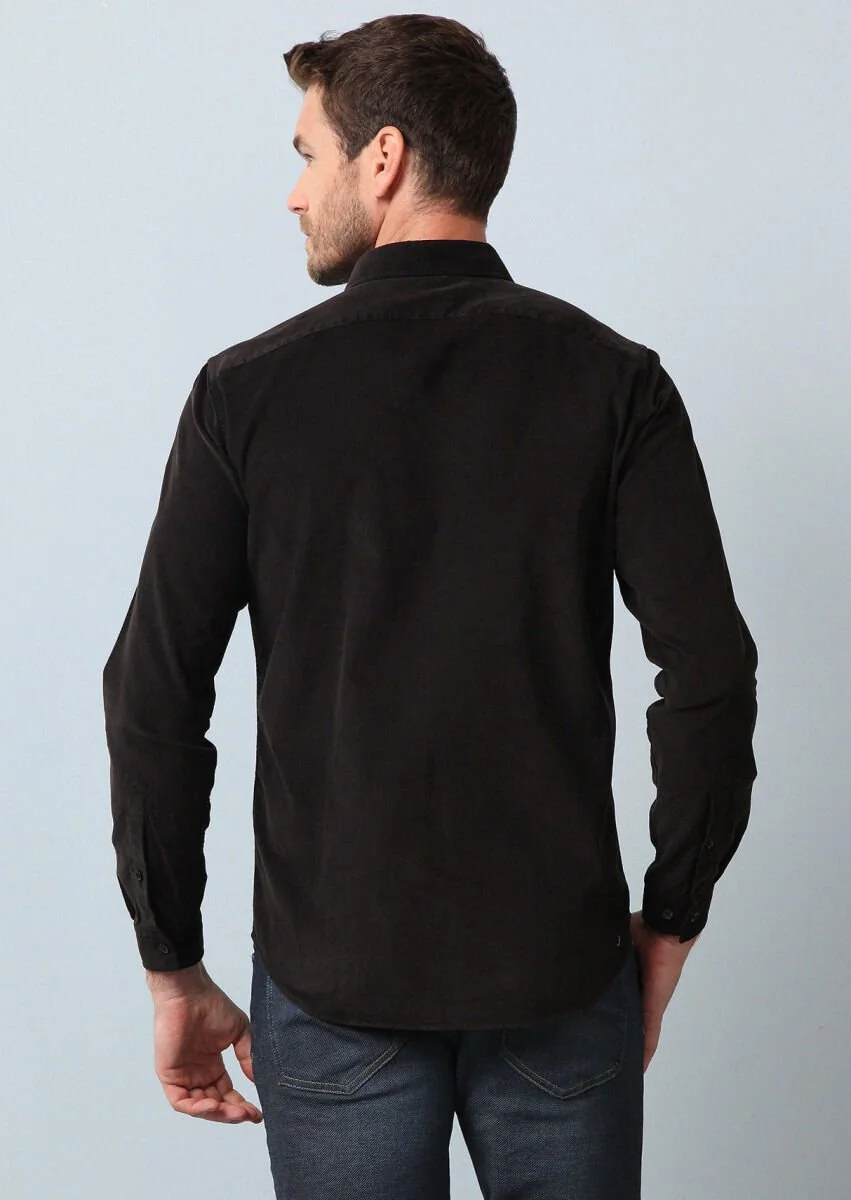 Siyah Fitilli Regular Fit Dokuma Kadife Casual %100 Pamuk Gömlek - 5