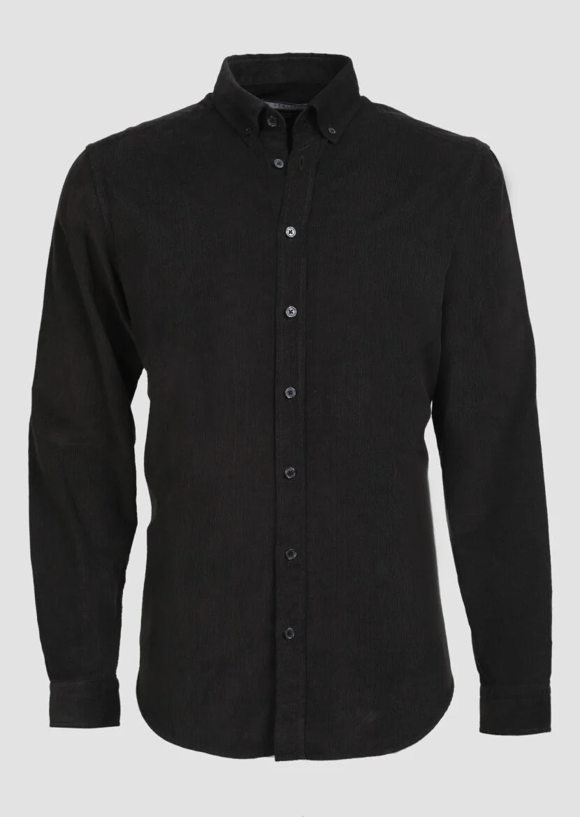 Siyah Fitilli Regular Fit Dokuma Kadife Casual %100 Pamuk Gömlek - 6