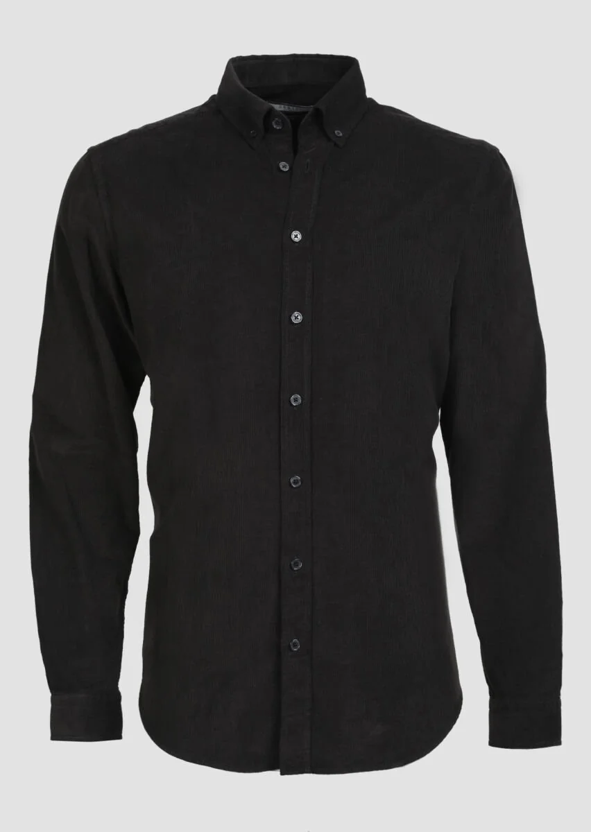 Siyah Fitilli Regular Fit Dokuma Kadife Casual %100 Pamuk Gömlek - 6