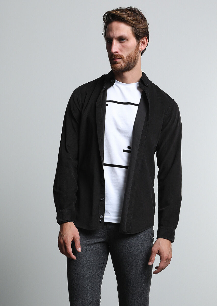 Siyah Fitilli Regular Fit Uzun Dokuma Kadife Casual %100 Pamuk Gömlek - 3