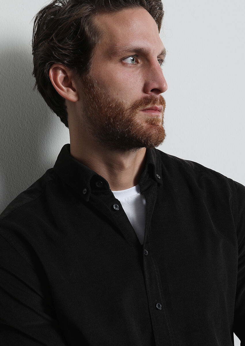 Siyah Fitilli Regular Fit Uzun Dokuma Kadife Casual %100 Pamuk Gömlek - 4