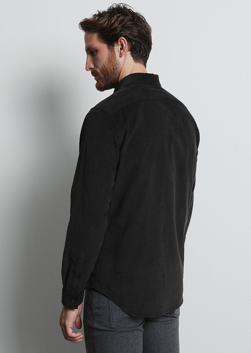 Siyah Fitilli Regular Fit Uzun Dokuma Kadife Casual %100 Pamuk Gömlek - 5