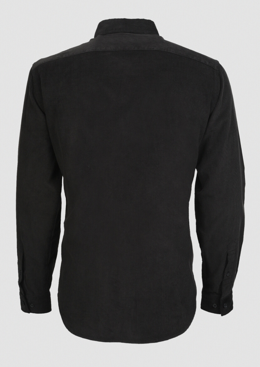 Siyah Fitilli Regular Fit Uzun Dokuma Kadife Casual %100 Pamuk Gömlek - 7