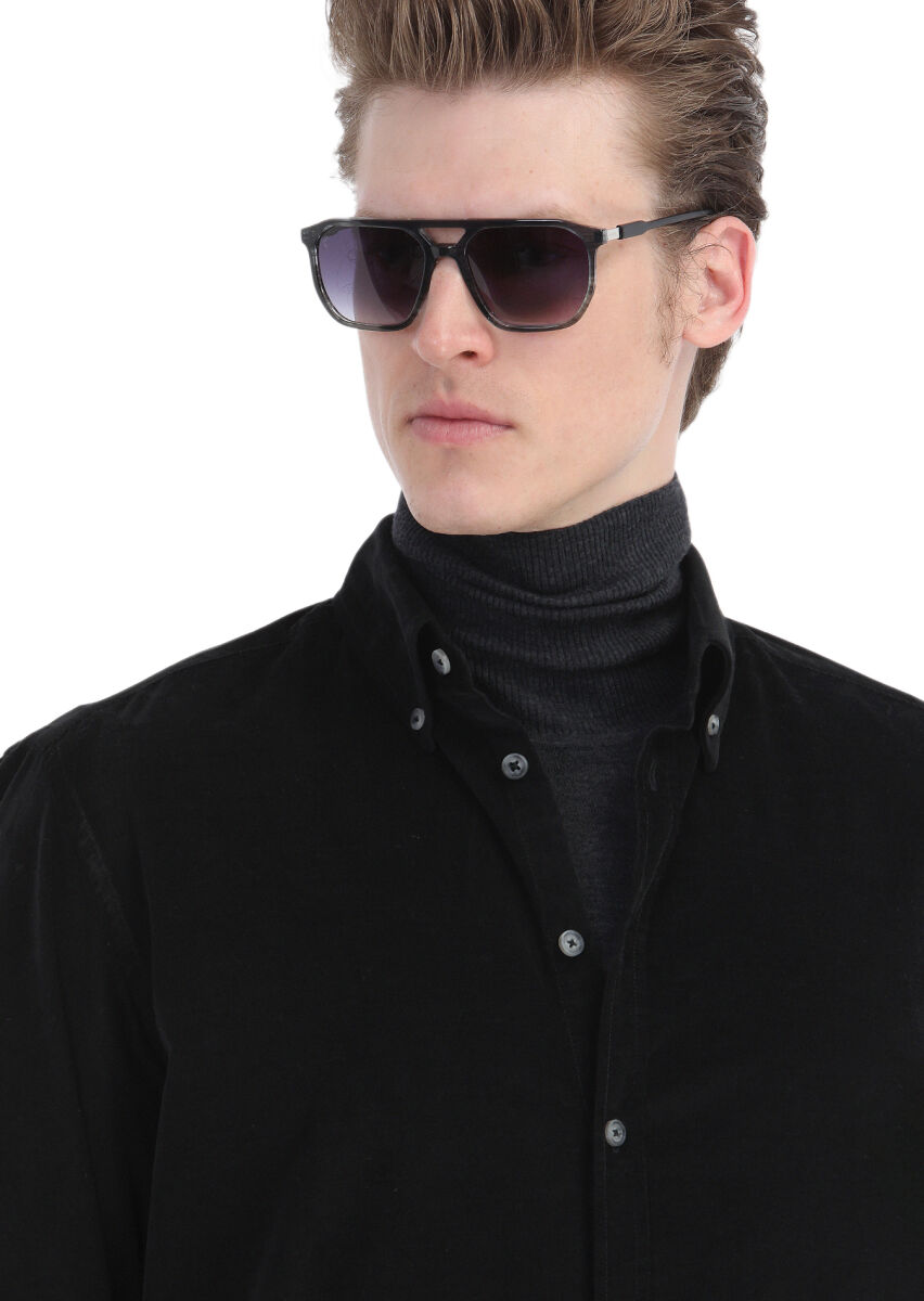 Siyah Fitilli Regular Fit Uzun Dokuma Kadife Casual %100 Pamuk Gömlek - 4
