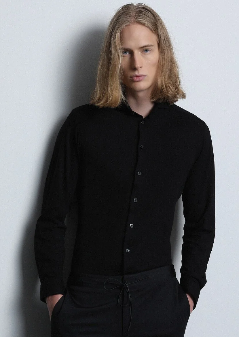 Siyah Fitted Fit Casual Pamuk Karışımlı Gömlek 