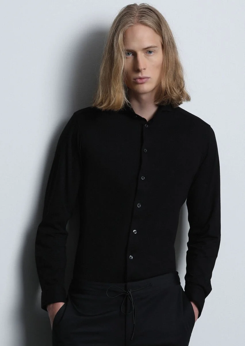 Siyah Fitted Fit Casual Pamuk Karışımlı Gömlek - 2