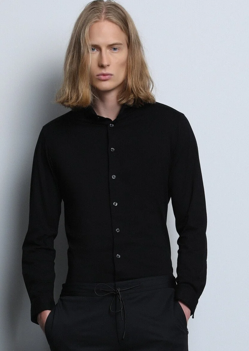 Siyah Fitted Fit Casual Pamuk Karışımlı Gömlek - 4