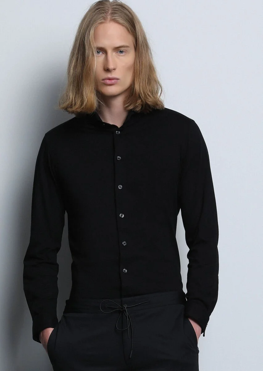 Siyah Fitted Fit Casual Pamuk Karışımlı Gömlek - 5