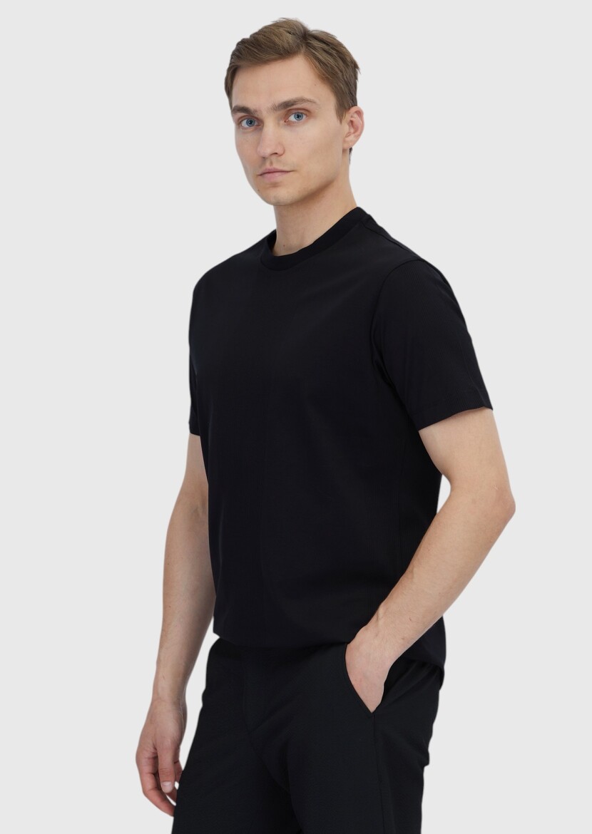 Siyah Jakarlı Bisiklet Yaka %100 Pamuk T-Shirt - 4