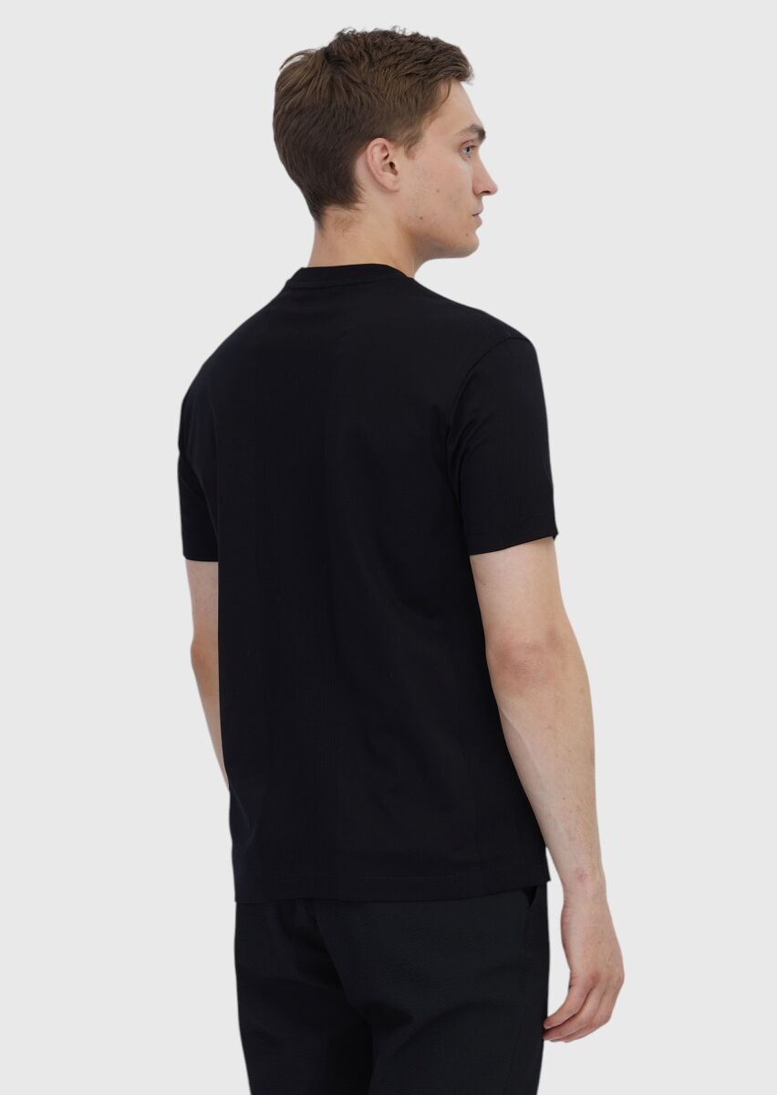 Siyah Jakarlı Bisiklet Yaka %100 Pamuk T-Shirt - 5